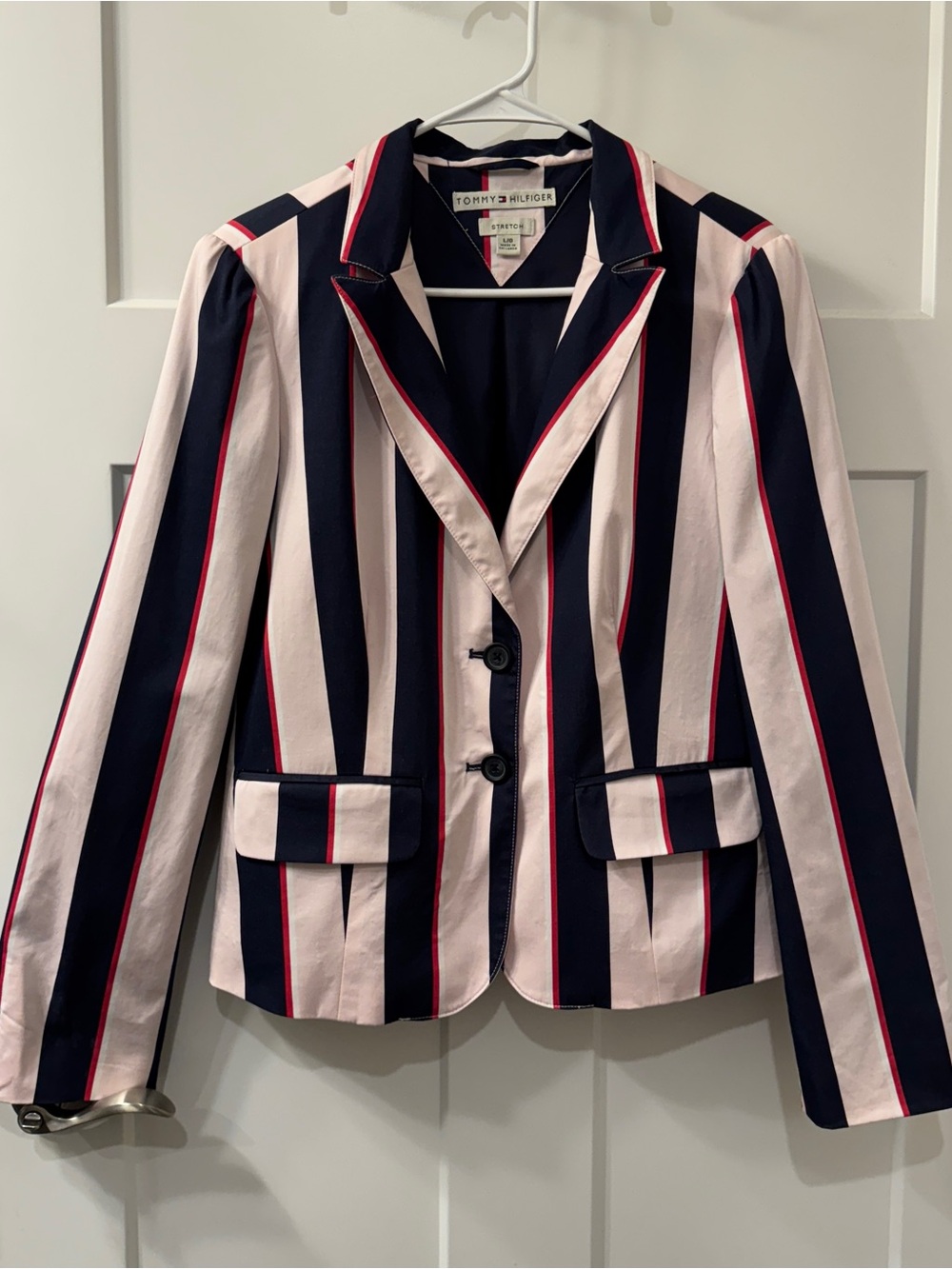 Tommy Hilfiger Women’s Striped Stretch Blazer Navy Pink Red Size L Formal